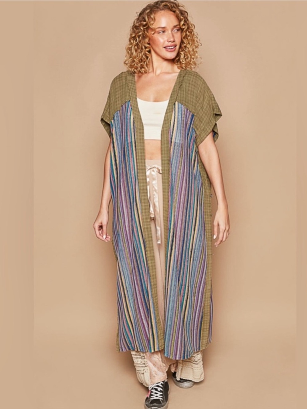 POL Size L Multicolored Striped Mixed Media Crochet Gauze Duster Kimono Cardigan